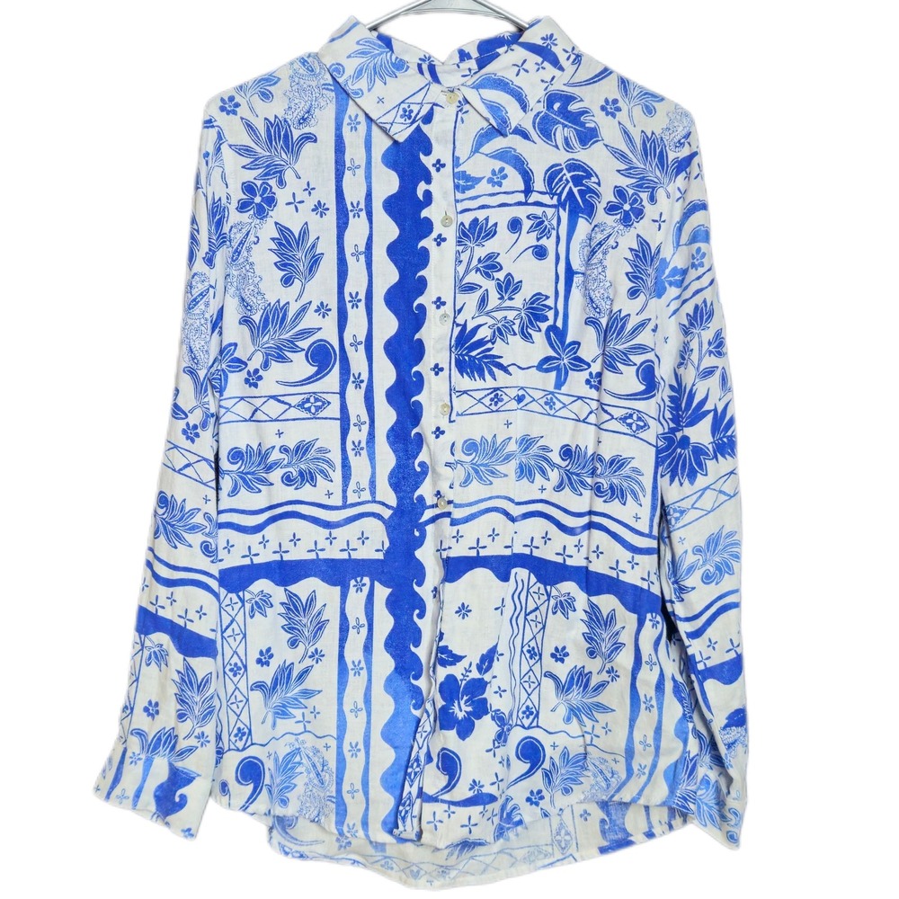 Joie Blue White 100% Linen Womens M Tropical Floral Tile Print Button Down Shirt